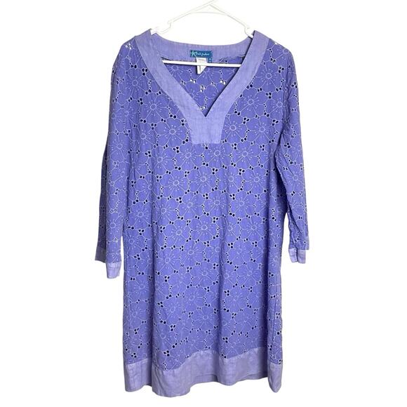 Fresh Produce Cover Up Dress Womens M Periwinkle Floral Eyelet Cotton Swim Beach - Picture 1 of 7